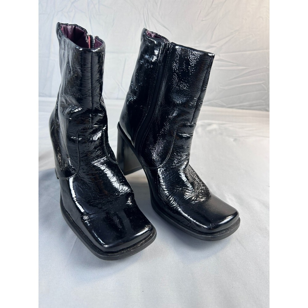 Massimo Women Ankle Boots Size 6.5 Black Patent Leather Square‎ Toe Retro
